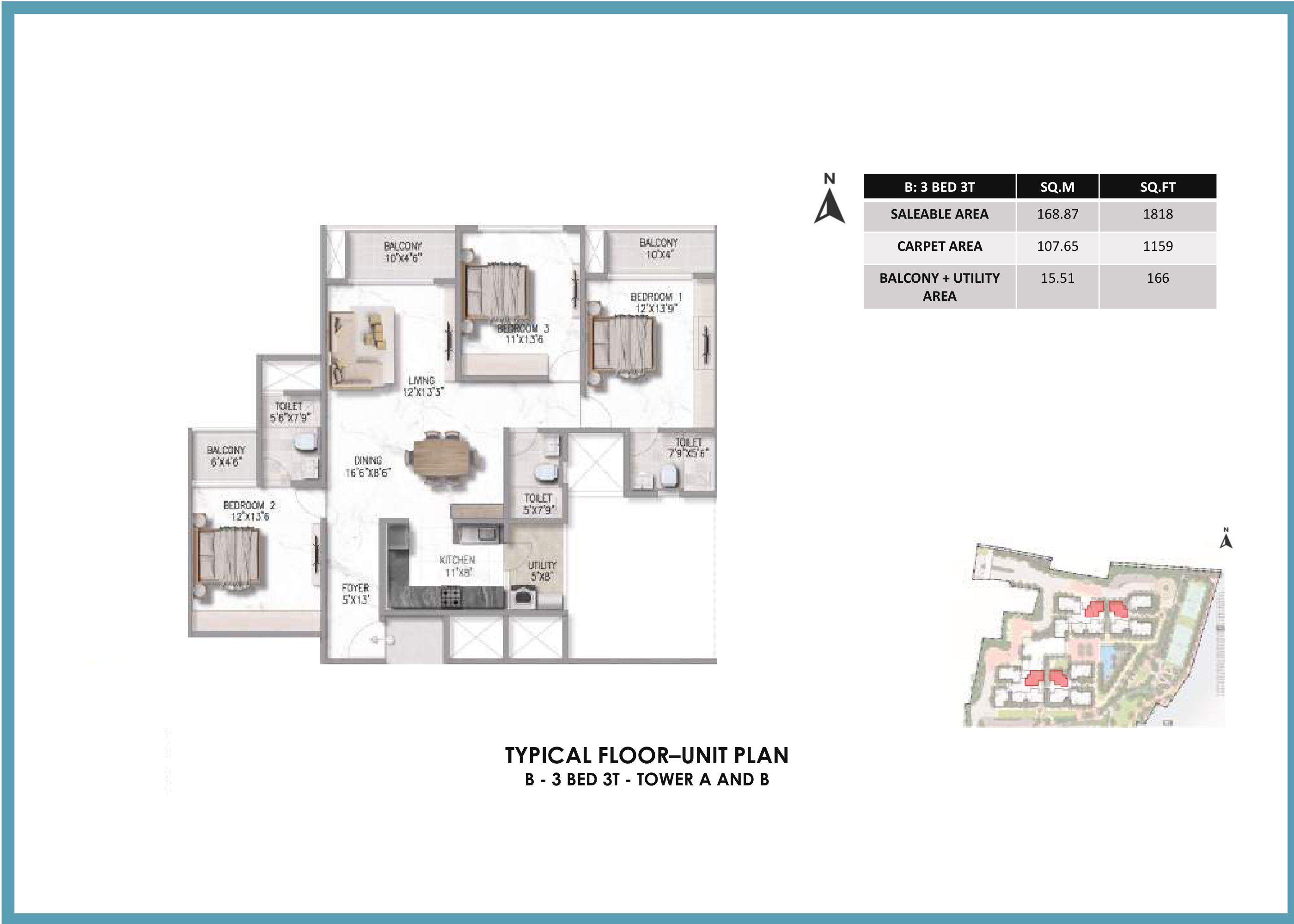 Prestige Somerville 3 BHK Floor Plan