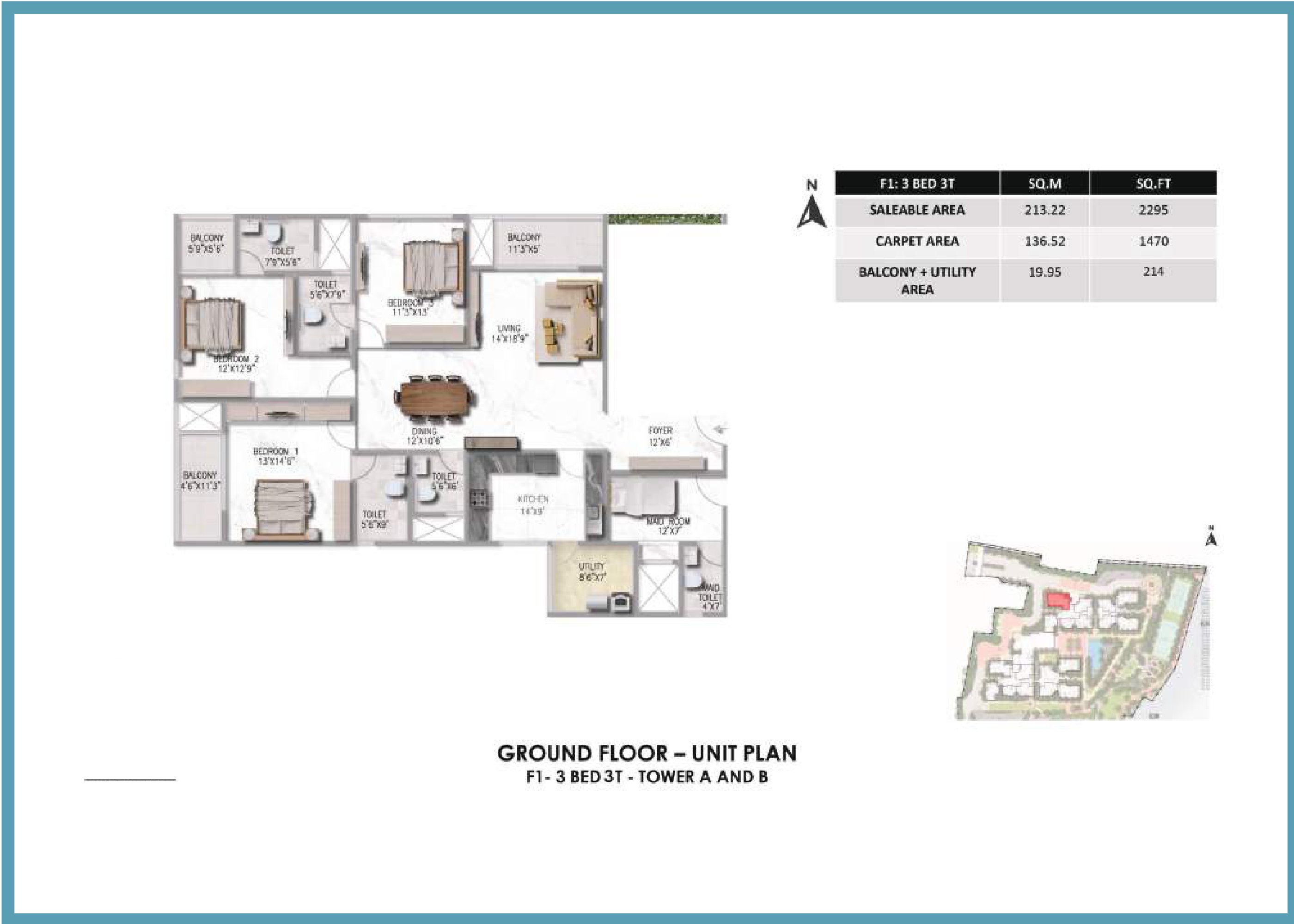 Prestige Somerville 3 BHK Floor Plan