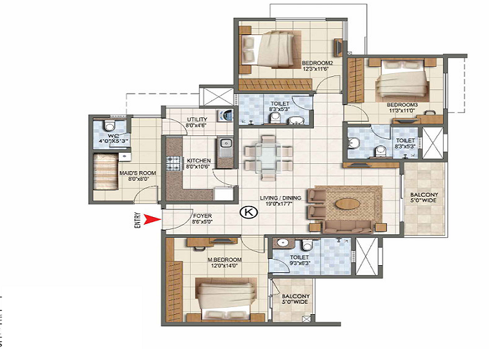 Prestige Somerville 3 BHK Floor Plan